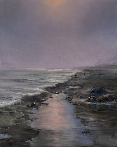 Dog walking on a hazy beach par Alesia Yeremeyeva, Peinture en vente sur Singulart