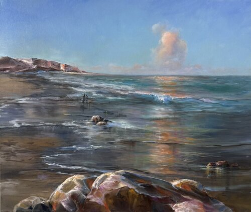 Dog walking down the beach von Alesia Yeremeyeva, Malerei kaufen auf Singulart