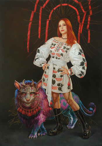 Portrait of a woman with a fantastic beast van Andrii Zhukov, Schilderij te koop op Singulart