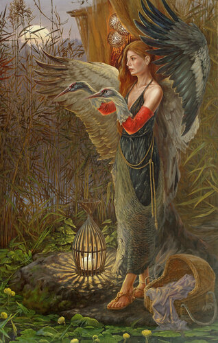 The Woman Who Lures the Storks van Andrii Zhukov, Schilderij te koop op Singulart