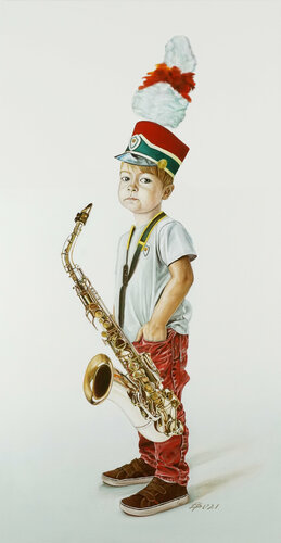 A little saxophonist by Paolo Borile, Painting for Sale on Singulart