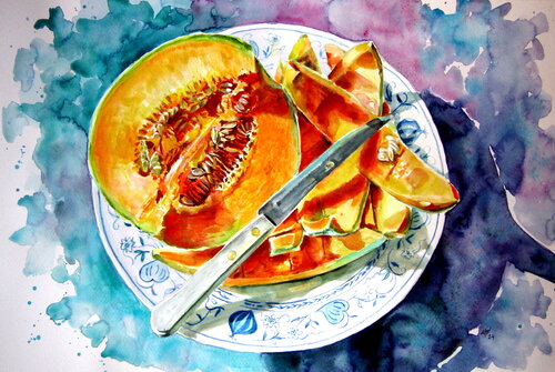 Melon still life von Anna Brigitta Kovacs, Malerei kaufen auf Singulart