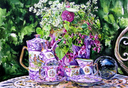 Still life with tea set in the garden von Anna Brigitta Kovacs, Malerei kaufen auf Singulart
