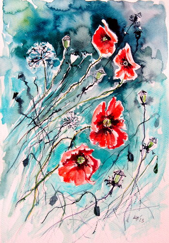 Playful poppy flowers van Anna Brigitta Kovacs, Schilderij te koop op Singulart