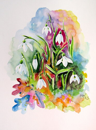 Snowdrops in the forest de Anna Brigitta Kovacs, Pintura a la venta en Singulart