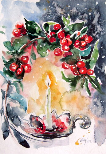 Still life with candle and red berries van Anna Brigitta Kovacs, Schilderij te koop op Singulart