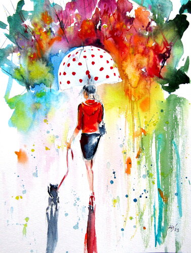 Walking girl with dog van Anna Brigitta Kovacs, Schilderij te koop op Singulart