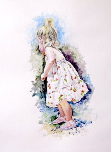 Little girl picking flowers von Anna Brigitta Kovacs, Malerei kaufen auf Singulart