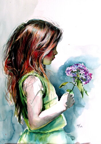Girl with purple flowers de Anna Brigitta Kovacs, Pintura a la venta en Singulart