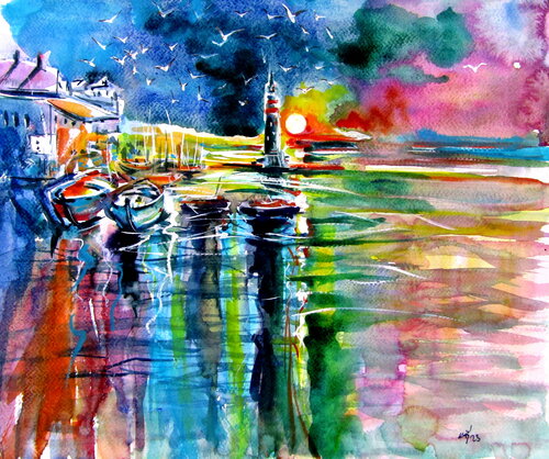Port at sunrise van Anna Brigitta Kovacs, Schilderij te koop op Singulart