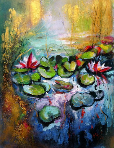 Water mirror and water lilies with gold von Anna Brigitta Kovacs, Malerei kaufen auf Singulart