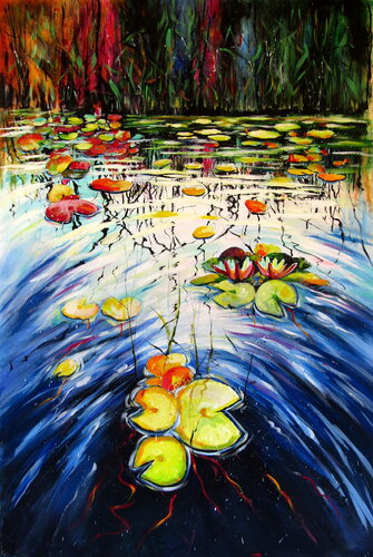 Water mirror and water lilies van Anna Brigitta Kovacs, Schilderij te koop op Singulart