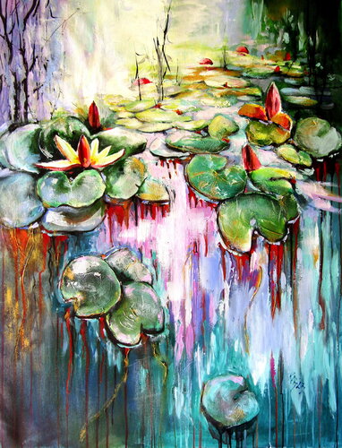 Water mirror and water lilies with gold II by Anna Brigitta Kovacs, Painting for Sale on Singulart