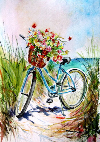 Colorful wildflowers bouyuet with bycicle di Anna Brigitta Kovacs, Pittura in vendita su Singulart