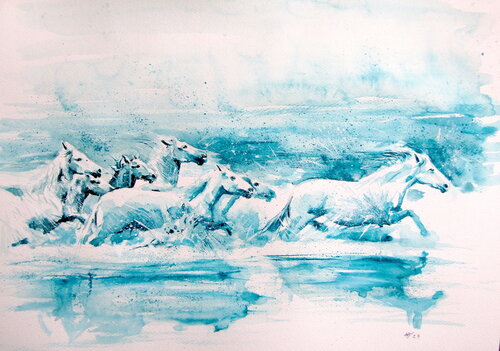 Running horses in the river von Anna Brigitta Kovacs, Malerei kaufen auf Singulart
