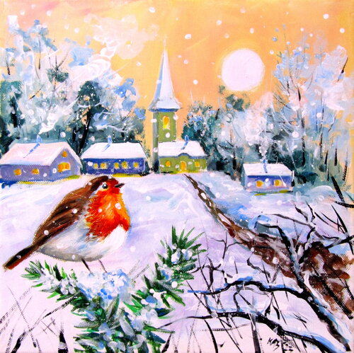 Robin on edge of village by Anna Brigitta Kovacs, Painting for Sale on Singulart