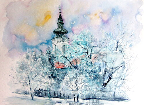 Serbian church at snowfall Anna Brigitta Kovacs