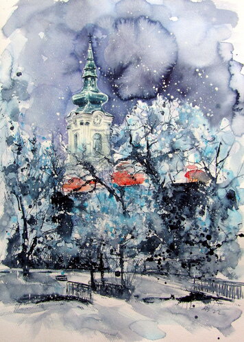 Serbian church at snowfall II par Anna Brigitta Kovacs, Peinture en vente sur Singulart
