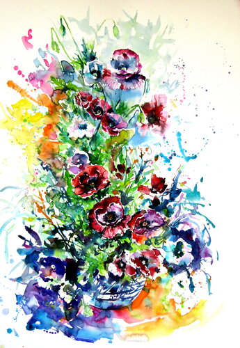 Colorful poppies in the garden di Anna Brigitta Kovacs, Pittura in vendita su Singulart