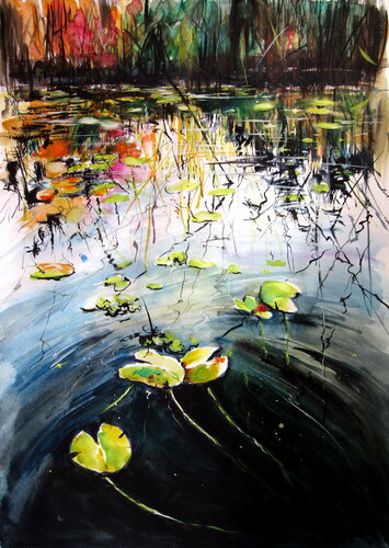 Water mirror with water lilies de Anna Brigitta Kovacs, Pintura a la venta en Singulart