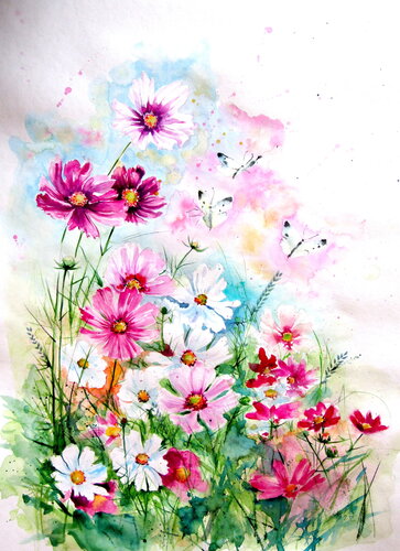 Cosmos flowers with butterflies van Anna Brigitta Kovacs, Schilderij te koop op Singulart