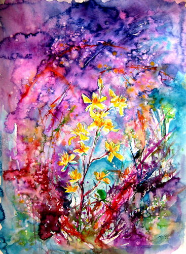 Alone is summer with yellow floral par Anna Brigitta Kovacs, Peinture en vente sur Singulart