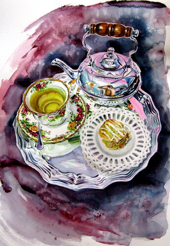 Still life with tea set von Anna Brigitta Kovacs, Malerei kaufen auf Singulart