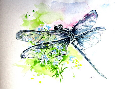 Dragonfly with flowers by Anna Brigitta Kovacs, Painting for Sale on Singulart