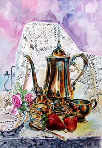 Still life with strawberries and rose van Anna Brigitta Kovacs, Schilderij te koop op Singulart