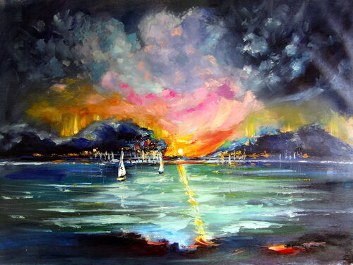 Port at sunrise van Anna Brigitta Kovacs, Schilderij te koop op Singulart