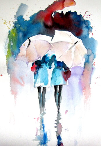 Girlfriends under the umbrellas von Anna Brigitta Kovacs, Malerei kaufen auf Singulart