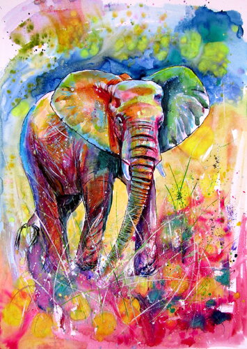 Elephant in the meadow by Anna Brigitta Kovacs, Painting for Sale on Singulart
