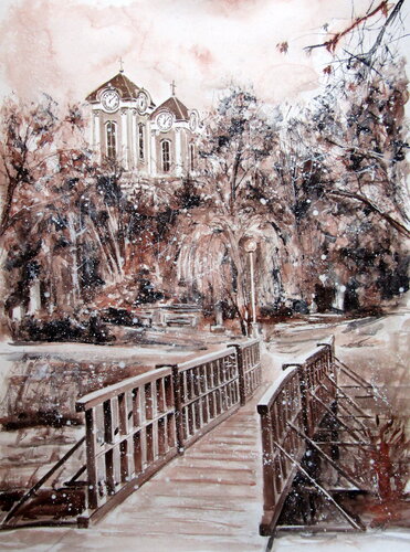 My home village at snowfall de Anna Brigitta Kovacs, Pintura a la venta en Singulart