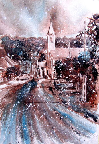 My village at snowfall di Anna Brigitta Kovacs, Pittura in vendita su Singulart