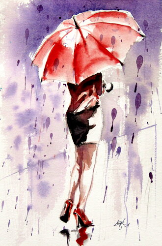 Pretty girl with red umbrella de Anna Brigitta Kovacs, Pintura a la venta en Singulart