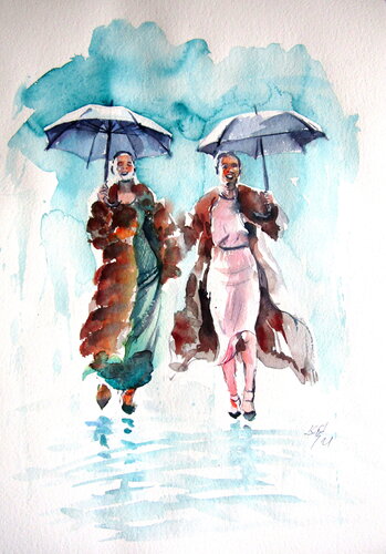Girlfriends in the rain de Anna Brigitta Kovacs, Pintura a la venta en Singulart