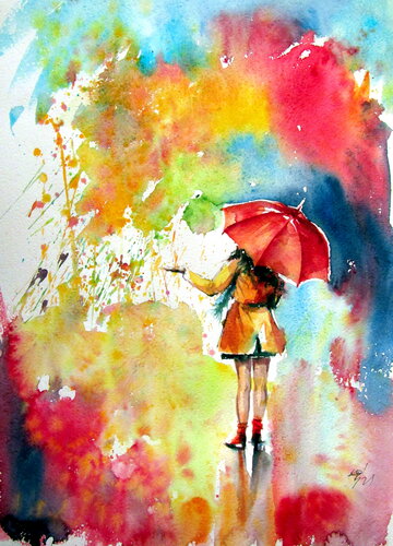 Colorful rain with a girl par Anna Brigitta Kovacs, Peinture en vente sur Singulart