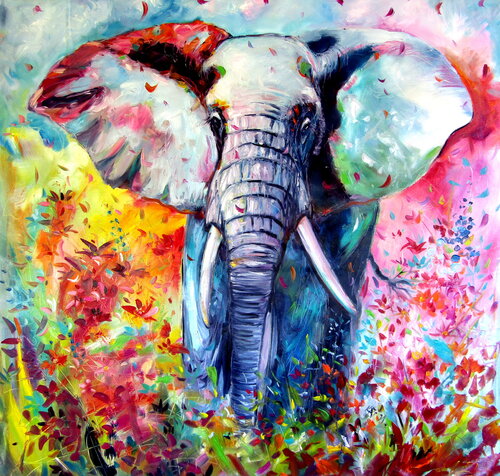 Majestic elephant with flowers par Anna Brigitta Kovacs, Peinture en vente sur Singulart