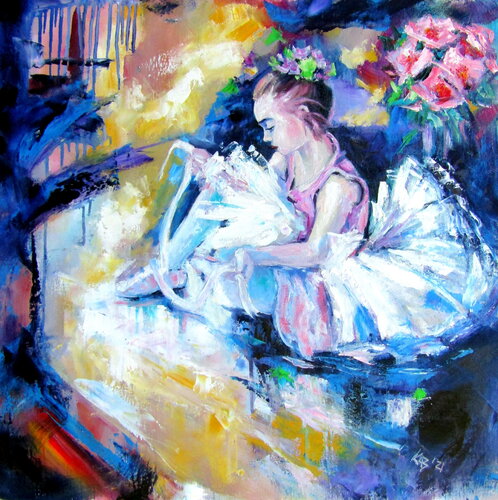 Little ballerina with flowers de Anna Brigitta Kovacs, Pintura a la venta en Singulart