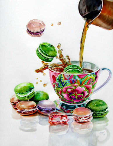 Still life with macaron cookies van Anna Brigitta Kovacs, Schilderij te koop op Singulart
