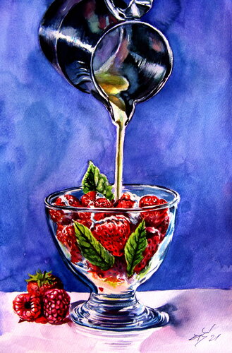 Still life with strawberries and cream van Anna Brigitta Kovacs, Schilderij te koop op Singulart