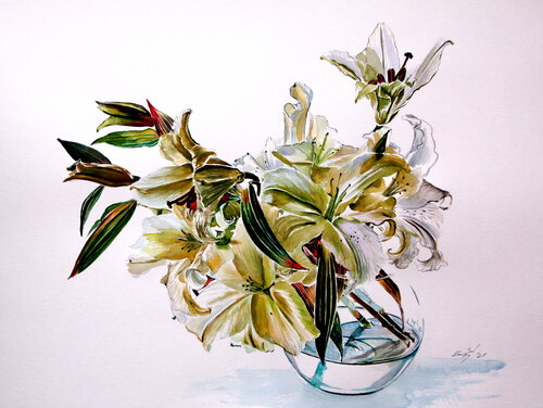 Bouquet of lily Casa Blanca van Anna Brigitta Kovacs, Schilderij te koop op Singulart
