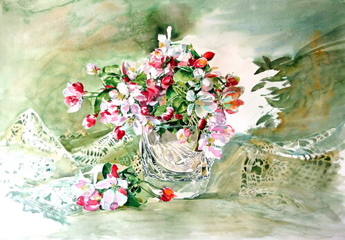 Still life with flowering branch by Anna Brigitta Kovacs, Painting for Sale on Singulart
