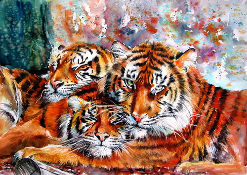 Resting tigers van Anna Brigitta Kovacs, Schilderij te koop op Singulart