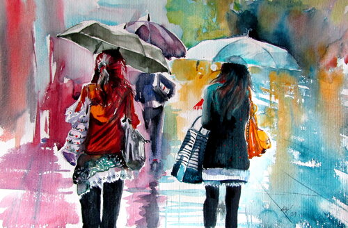 Rainy day with umbrellas II di Anna Brigitta Kovacs, Pittura in vendita su Singulart