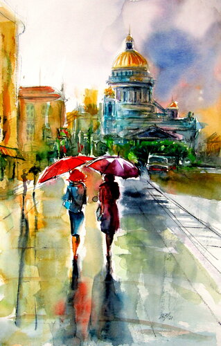 Rainy day with umbrellas von Anna Brigitta Kovacs, Malerei kaufen auf Singulart