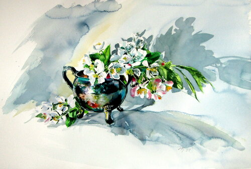 Still life with flowering branch di Anna Brigitta Kovacs, Pittura in vendita su Singulart