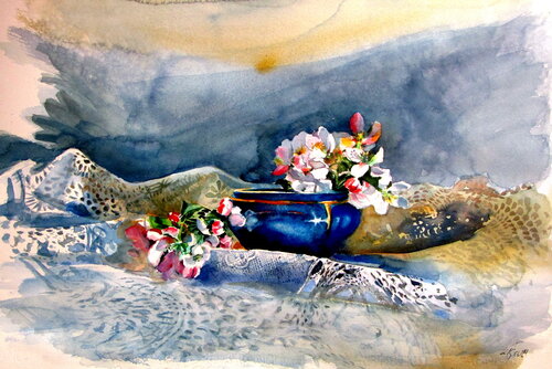 Still life with flowering branch  II von Anna Brigitta Kovacs, Malerei kaufen auf Singulart