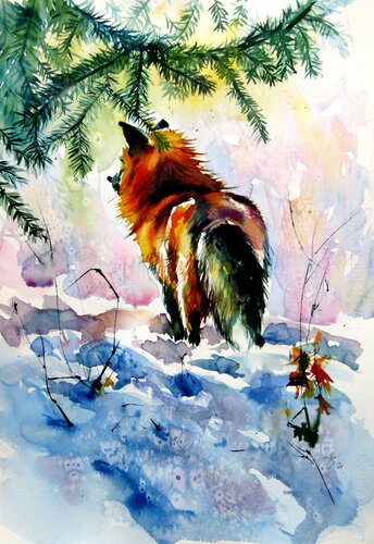 Red fox watching wintertime by Anna Brigitta Kovacs, Painting for Sale on Singulart