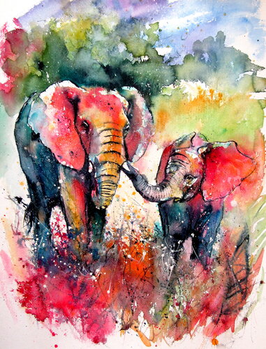 Elephant with baby on the field di Anna Brigitta Kovacs, Pittura in vendita su Singulart
